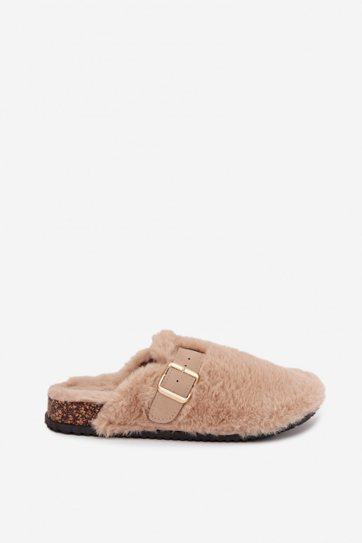 claquettes à plateforme pour femmes avec fourrure et boucles en couleur sable Noraline