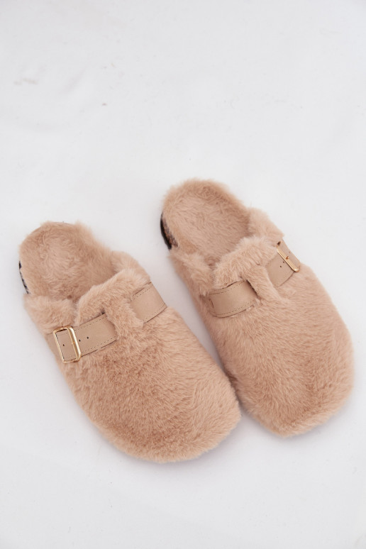 claquettes à plateforme pour femmes avec fourrure et boucles en couleur sable Noraline