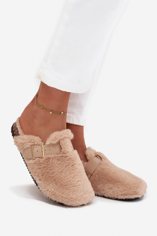 dames platformslippers met bont en gespen in zandkleur Noraline