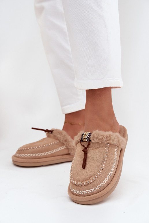 dames slippers met bont en geborduurde ringen in zandkleur Perivelle