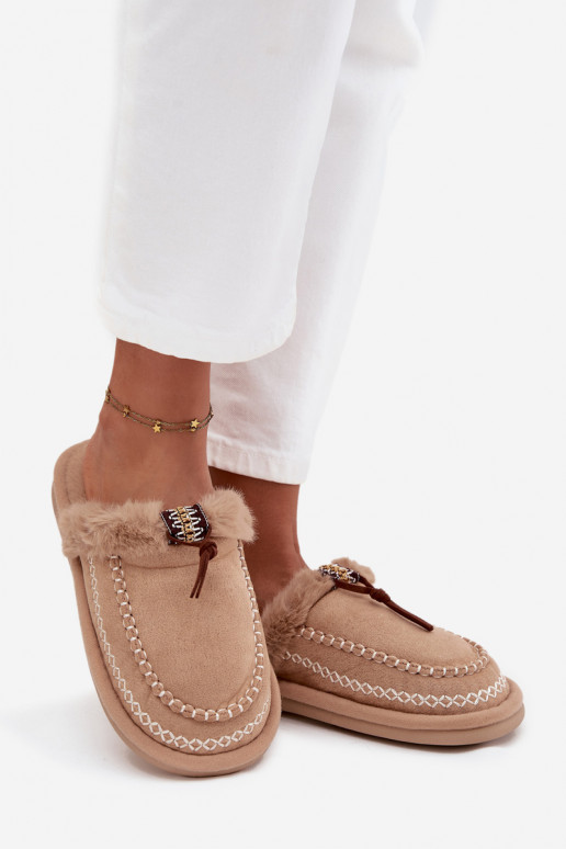 dames slippers met bont en geborduurde ringen in zandkleur Perivelle