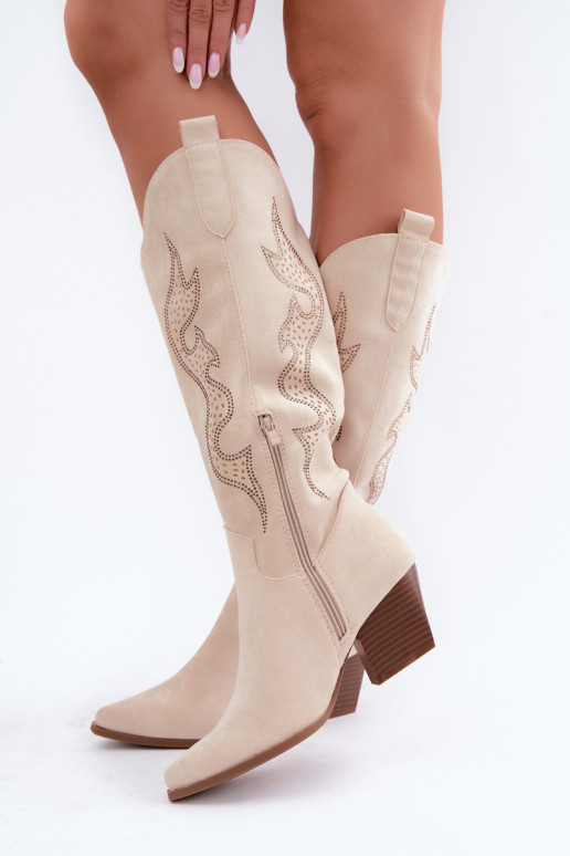 Elfenbeinfarbene kniehohe Stiefel im Cowboy-Stil mit Dekoration am Schaft Greyla