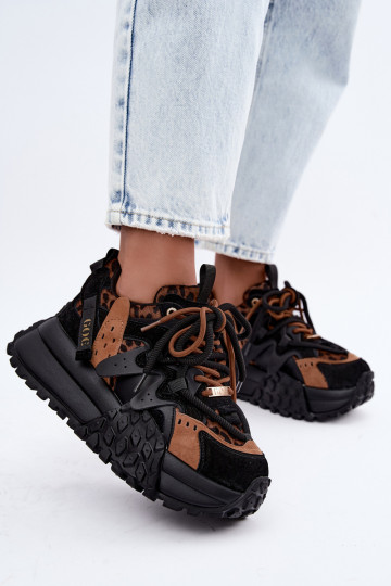 Zwarte sneakers van faux suede met platform en details in panterprint GOE UU2N4017 2
