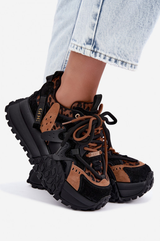 Schwarze Kunstveloursleder-Sneaker mit Plattform und Leopardenmuster-Details GOE UU2N4017