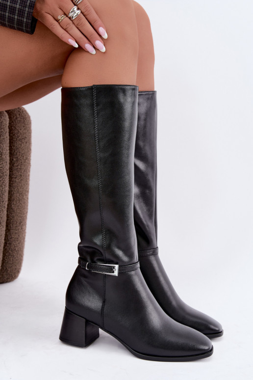 Bottes hautes noires en cuir isolées avec talons et boucles Sergio Leone KZ-31