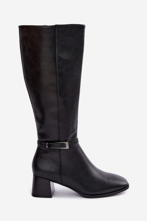 Isolierte schwarze Leder-Kniehohe Stiefel mit Absätzen und Schnallen Sergio Leone KZ-31