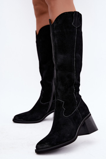 Zwarte faux suede cowboy-stijl kniehoge laarzen met hakken Vinceza 133103 2