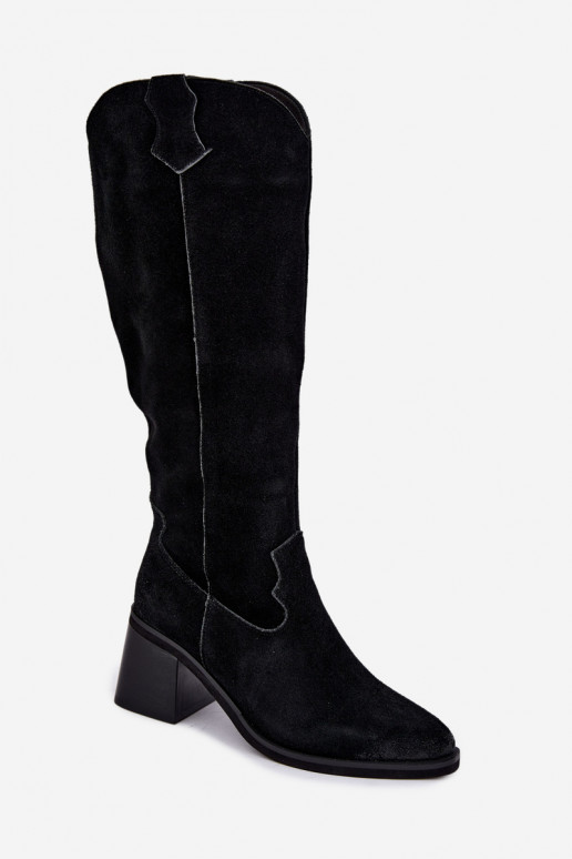 Bottes hautes noires en faux daim de style cowboy avec talons Vinceza 133103
