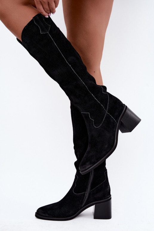 Bottes hautes noires en faux daim de style cowboy avec talons Vinceza 133103