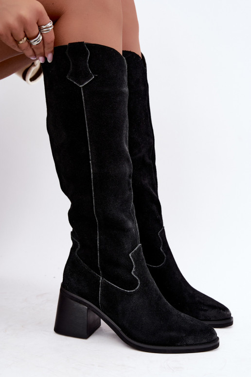 Zwarte faux suede cowboy-stijl kniehoge laarzen met hakken Vinceza 133103