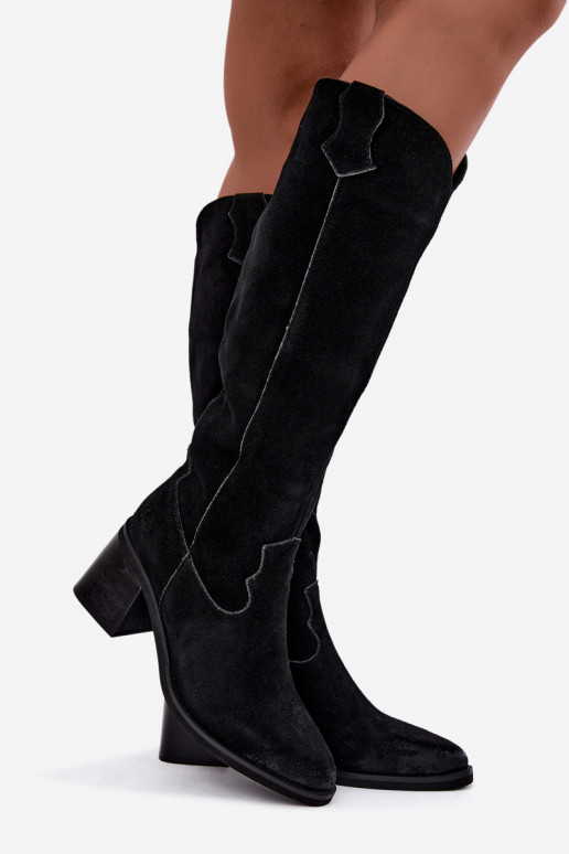 Zwarte faux suede cowboy-stijl kniehoge laarzen met hakken Vinceza 133103