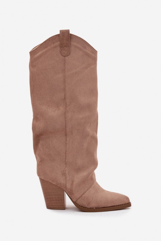 Geïsoleerde over-the-knee cowboylaarzen met hakken, in kunstsuede, zandkleurig