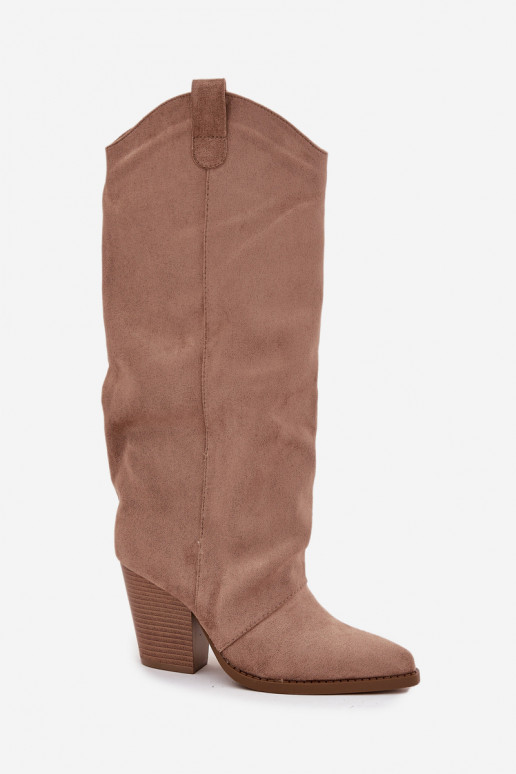 Geïsoleerde over-the-knee cowboylaarzen met hakken, in kunstsuede, zandkleurig