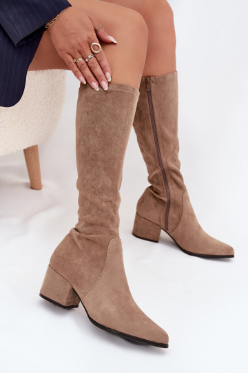 Dames lange laarzen met lage hak in zandkleurig faux suede Sergio Leone KZ212
