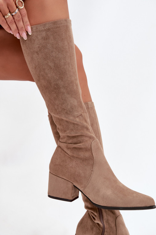 Bottes longues pour femmes à talon bas en daim synthétique couleur sable Sergio Leone KZ212