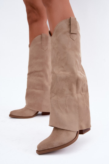 Dames cowboy-stijl lange laarzen met hak en geborduurde schacht in zandkleur Terise 2
