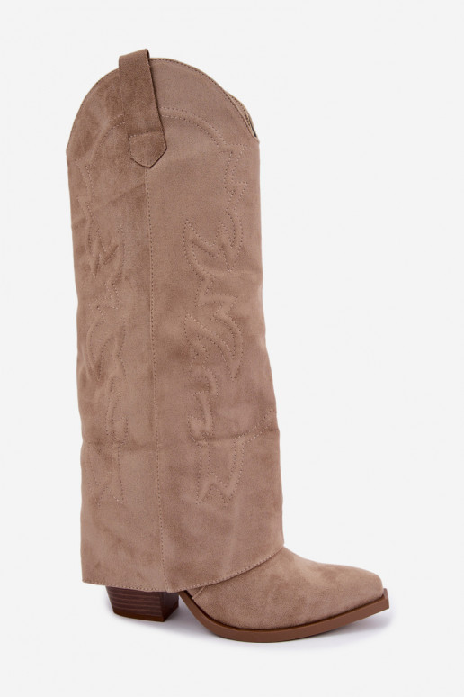 Dames cowboy-stijl lange laarzen met hak en geborduurde schacht in zandkleur Terise