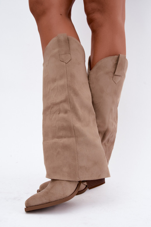 Damen kniehohe Cowboy-Stiefel mit Absatz und besticktem Schaft in sandfarben Terise