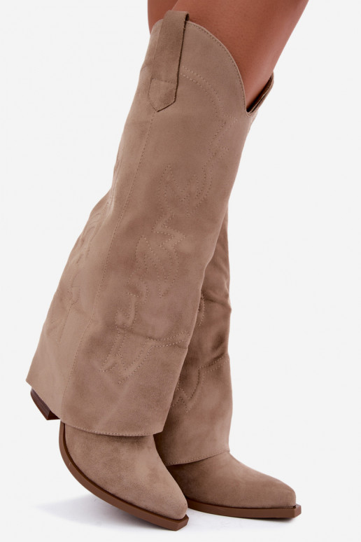 Dames cowboy-stijl lange laarzen met hak en geborduurde schacht in zandkleur Terise