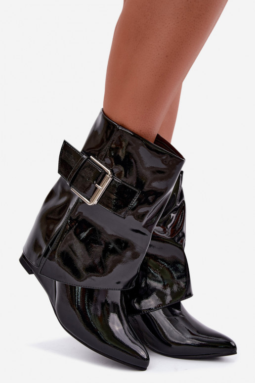 Damen Lack-Stiefeletten mit Plateau und Schnallen in schwarzer Farbe Vortinia