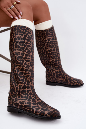 Bottes en caoutchouc hautes pour femmes avec talons larges et imprimé léopard en noir Melianne