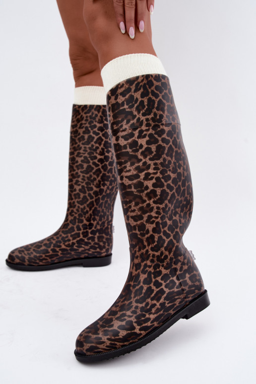 Dames hoge rubberen laarzen met brede hakken en leopardprint in zwart Melianne