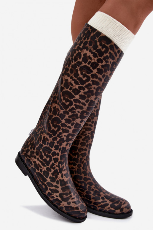 Bottes en caoutchouc hautes pour femmes avec talons larges et imprimé léopard en noir Melianne
