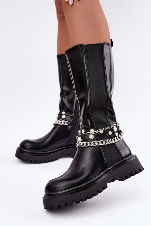 Wärmende kniehohe Stiefel mit Plateau und Ketten in Schwarz Doremi