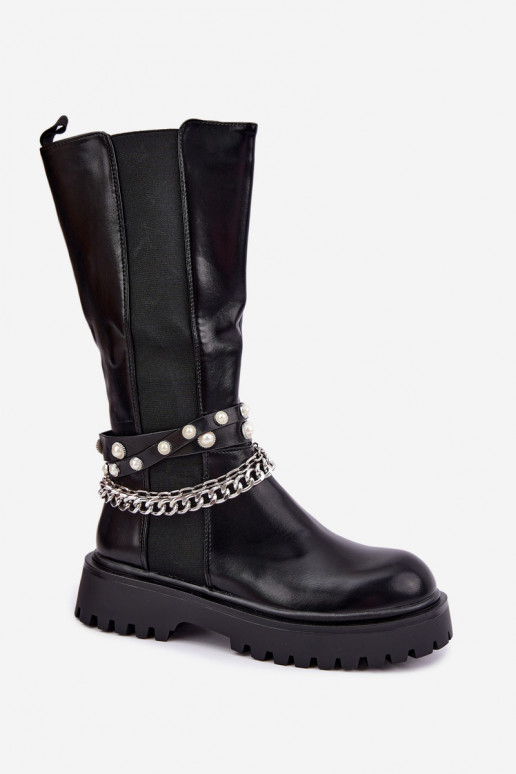Bottes hautes et chaudes avec plateforme et chaînes en noir Doremi