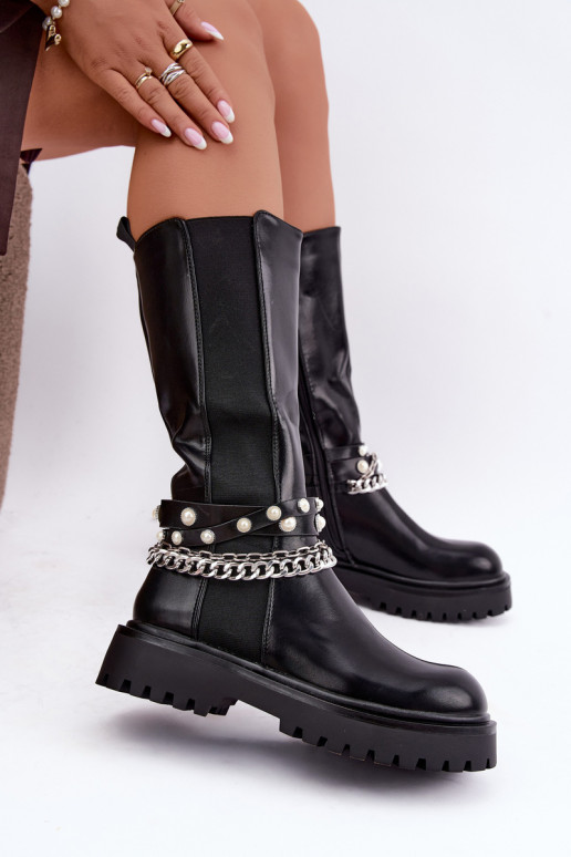 Wärmende kniehohe Stiefel mit Plateau und Ketten in Schwarz Doremi