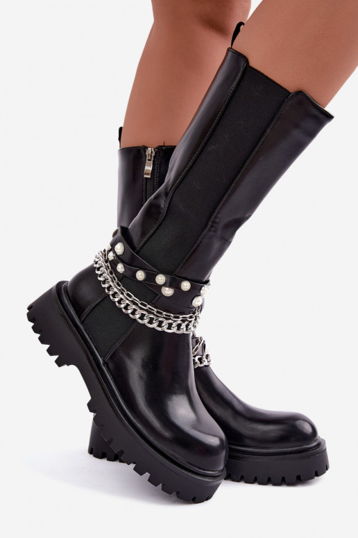 Wärmende kniehohe Stiefel mit Plateau und Ketten in Schwarz Doremi