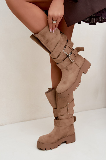 Wärmende kniehohe Stiefel mit Plateau und Schnallen in Sandfarbe Palomae 2