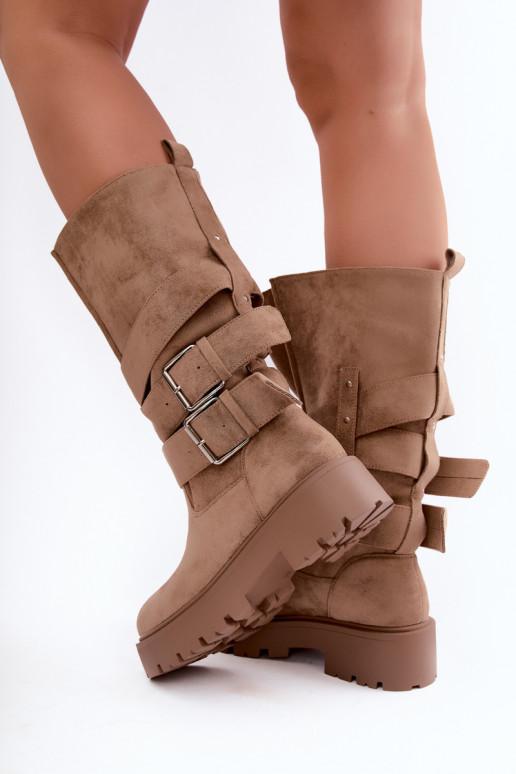 Wärmende kniehohe Stiefel mit Plateau und Schnallen in Sandfarbe Palomae