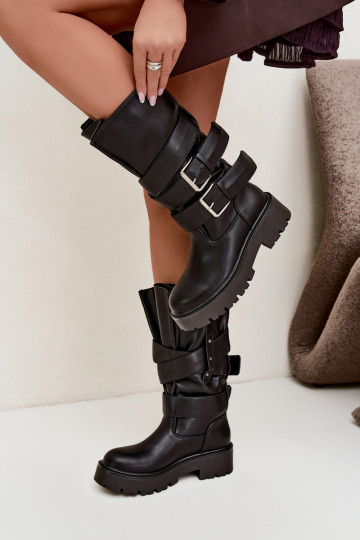 Wärmende kniehohe Stiefel mit Plateau und Schnallen in Schwarz Palomae 2