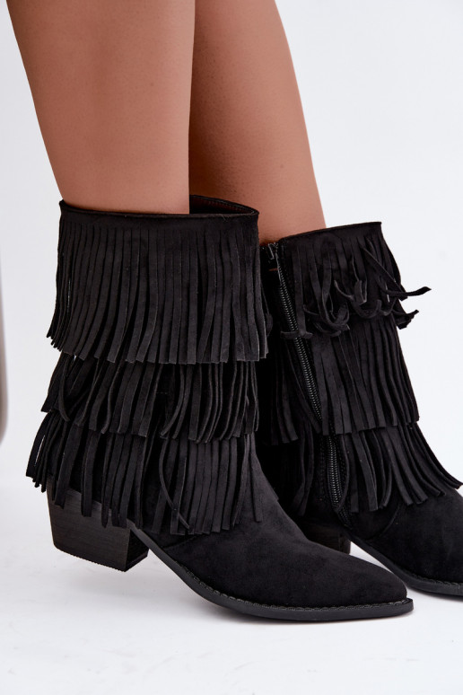 Bottines de style cowboy avec franges et talons en noir Lunia