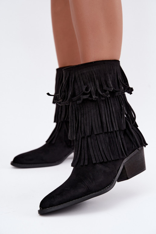 Cowboy-Stil Stiefeletten mit Fransen und Absätzen in Schwarz Lunia