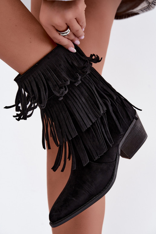 Bottines de style cowboy avec franges et talons en noir Lunia
