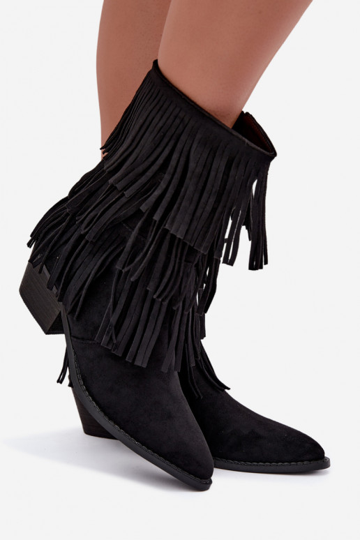 Bottines de style cowboy avec franges et talons en noir Lunia