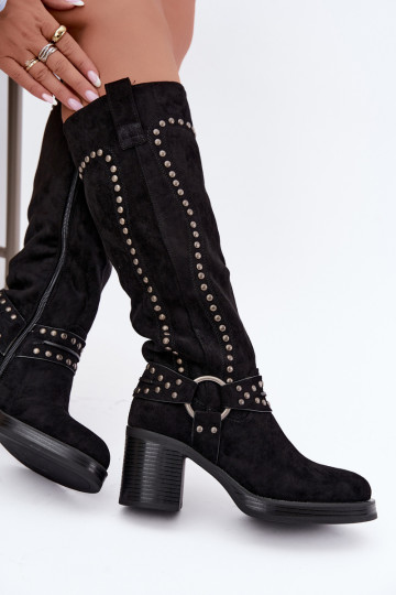Wärmende kniehohe Stiefel mit Absätzen und Dekoration in Schwarz Bellune