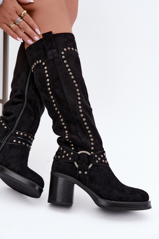 Bottes hautes et chaudes avec talons et décoration en noir Bellune