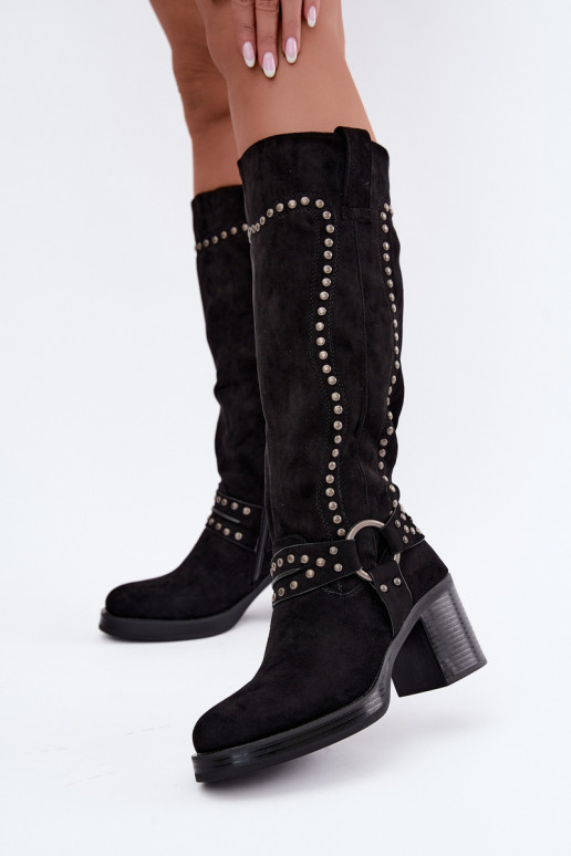 Bottes hautes et chaudes avec talons et décoration en noir Bellune
