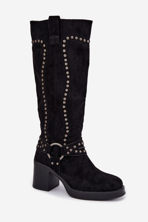 Bottes hautes et chaudes avec talons et décoration en noir Bellune