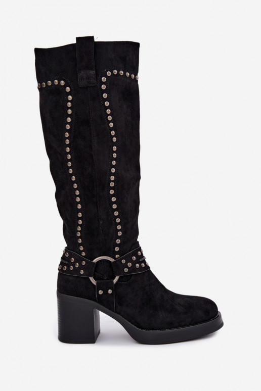 Bottes hautes et chaudes avec talons et décoration en noir Bellune