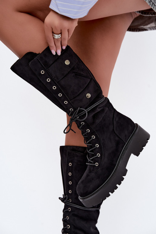 Bottes hautes et chaudes avec plateforme et lacets en noir Cressida