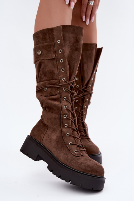 Bottes hautes et chaudes avec plateforme et lacets en marron Cressida