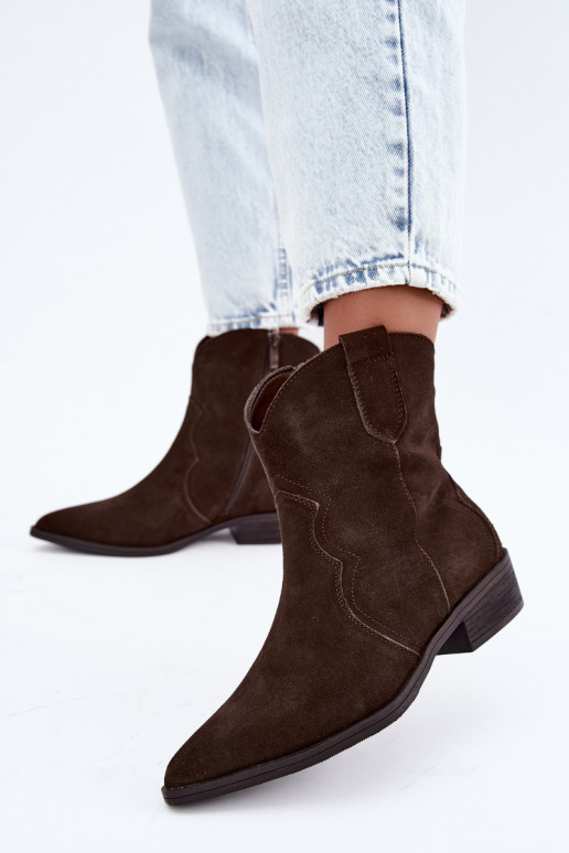 Schokoladenfarbene Wildleder-Cowboy-Stiefel mit niedrigem Absatz Delsa