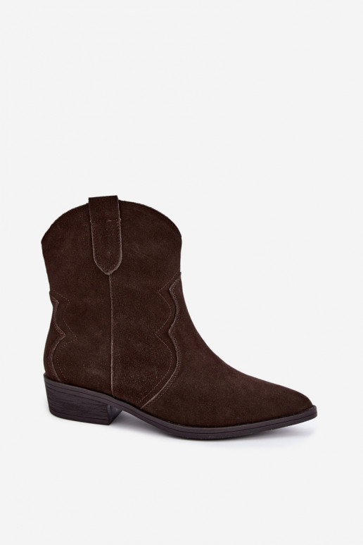Chocoladekleurige suède cowboylaarzen met lage hak Delsa