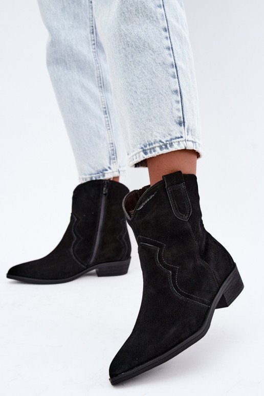 Schwarze Wildleder-Cowboy-Stiefel mit niedrigem Absatz Delsa