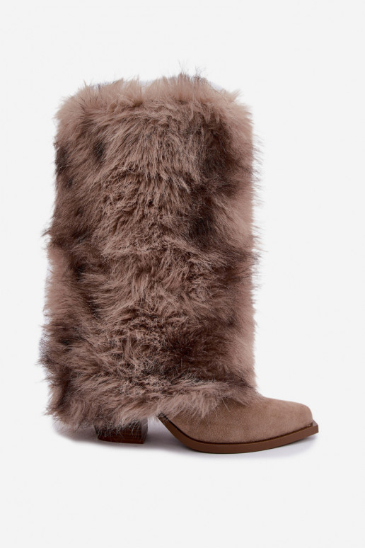 Bottes chaudes couleur sable au-dessus du genou avec fourrure Saphielle