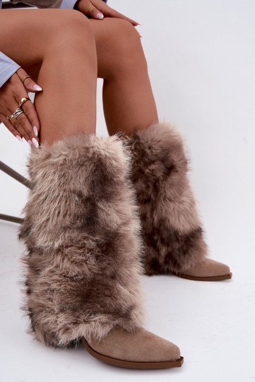 Bottes chaudes couleur sable au-dessus du genou avec fourrure Saphielle
